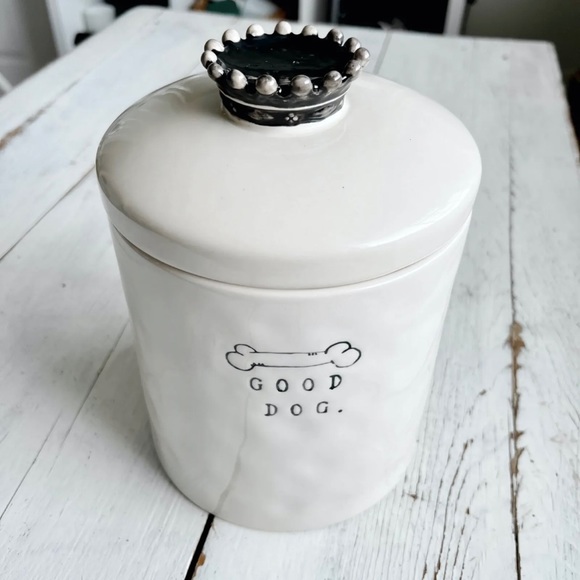 RARE Rae Dunn Ceramic GOOD DOG Canister Treat Jar Crown Lid Bone Magenta Rea Ray - Picture 2 of 9